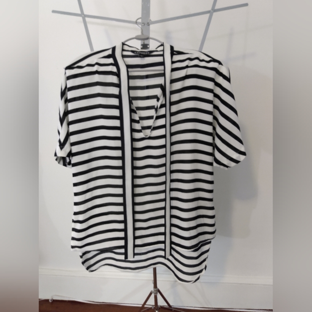 Express Black and White Tie Neck Flowy Top